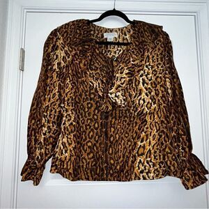 Vintage Express Silk Animal Print Ruffle Collar Long Sleeve Shirt Top Blouse
